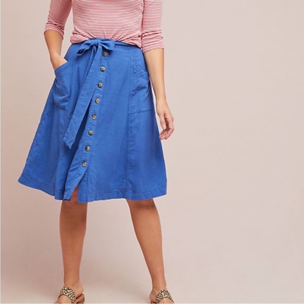 Maeve Anthropologie Riviera Blue Linen Blend Button Skirt Size 2 like new!